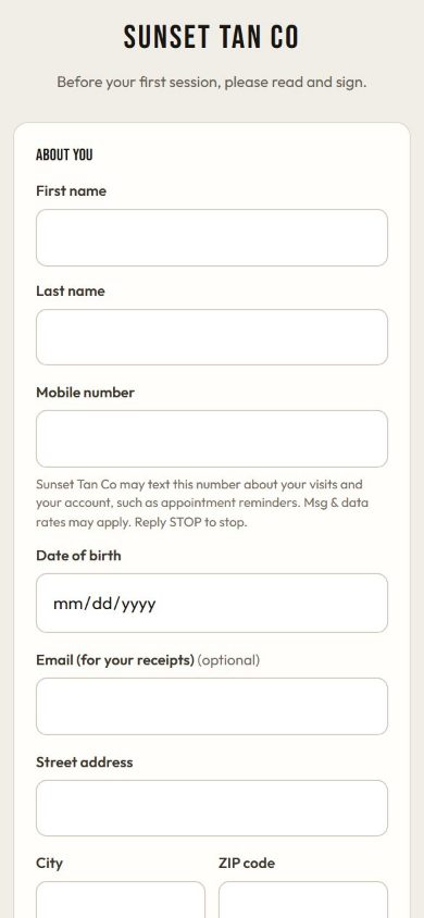 The TanVision consent form on a phone: a client fills in their details and signs before their first session.