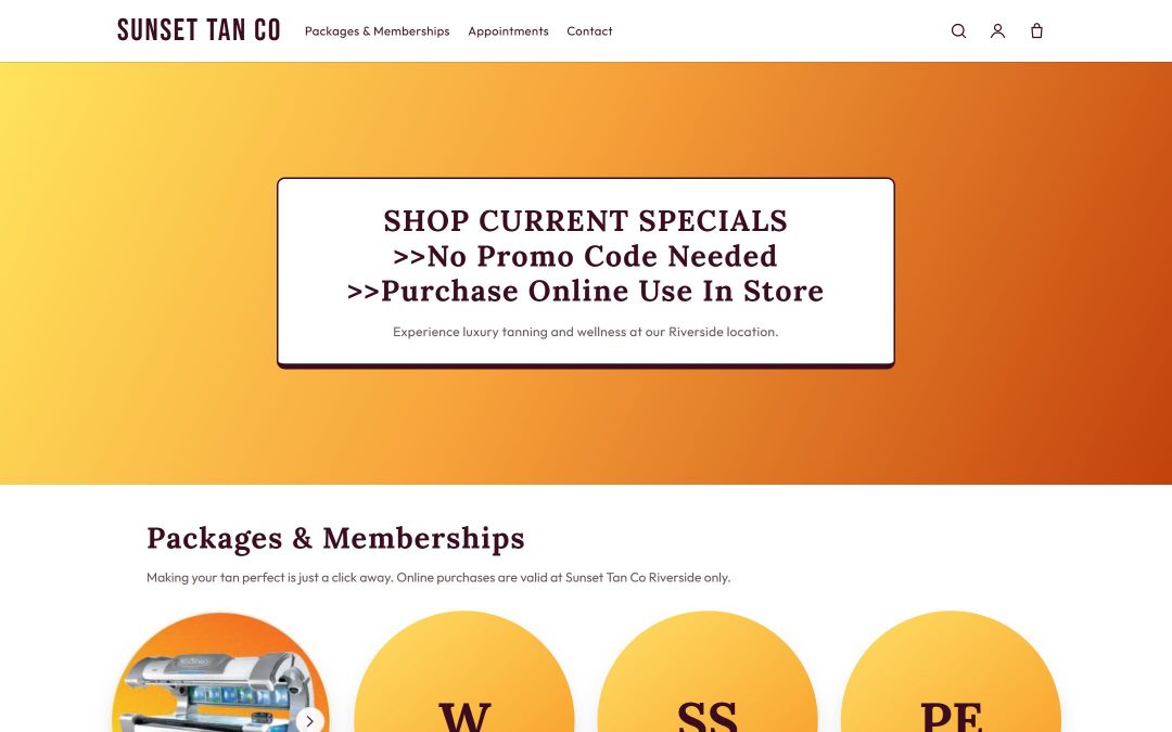 A salon’s own TanVision shop page: packages and memberships to buy online and pick up at the desk.