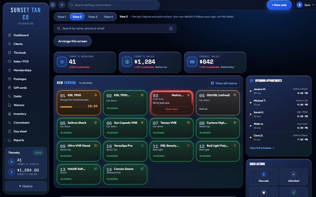 The TanVision overview dashboard: today’s sessions and takings, each room grouped by kind of bed with its status, upcoming appointments and quick actions.